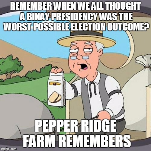 Pepperidge Farm Remembers Meme | REMEMBER WHEN WE ALL THOUGHT A BINAY PRESIDENCY WAS THE WORST POSSIBLE ELECTION OUTCOME? PEPPER RIDGE FARM REMEMBERS | image tagged in memes,pepperidge farm remembers | made w/ Imgflip meme maker