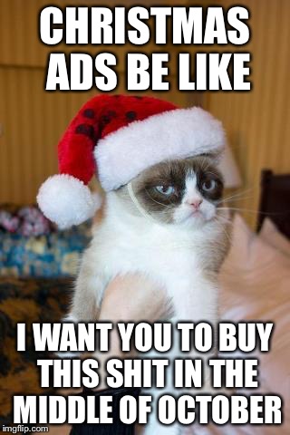 Grumpy Cat Christmas | CHRISTMAS ADS BE LIKE; I WANT YOU TO BUY THIS SHIT IN THE MIDDLE OF OCTOBER | image tagged in memes,grumpy cat christmas,grumpy cat | made w/ Imgflip meme maker