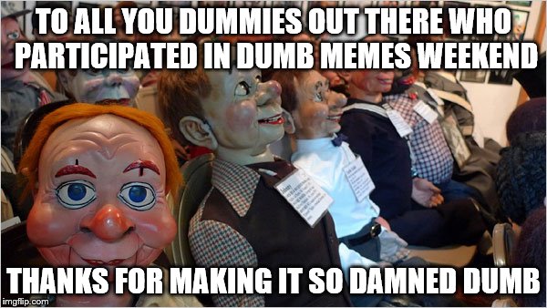 Thanks everybody, I hope you all had fun with it!!! | TO ALL YOU DUMMIES OUT THERE WHO PARTICIPATED IN DUMB MEMES WEEKEND; THANKS FOR MAKING IT SO DAMNED DUMB | image tagged in memes,dumb meme weekend,dummies | made w/ Imgflip meme maker