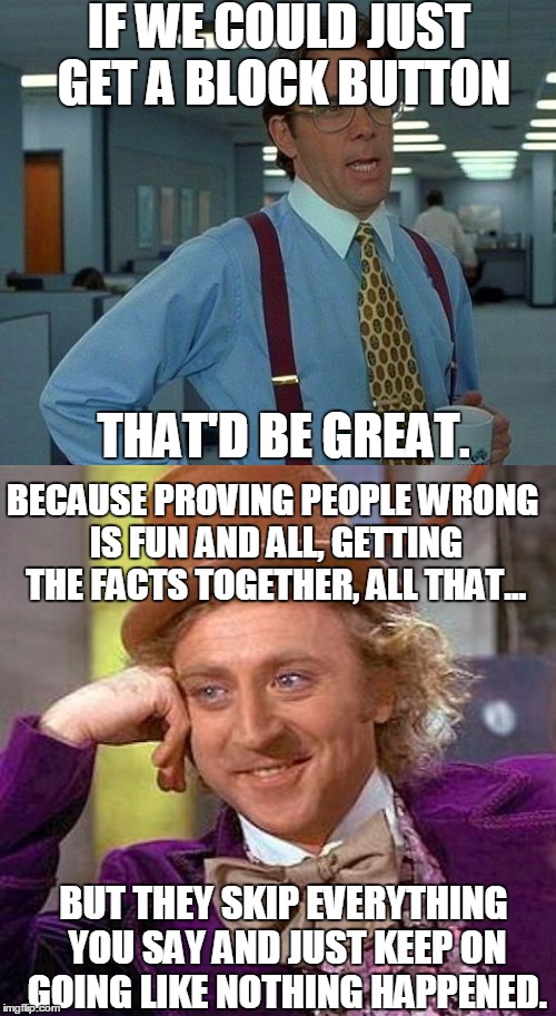 How bout dat block button | IF WE COULD JUST GET A BLOCK BUTTON; THAT'D BE GREAT. BECAUSE PROVING PEOPLE WRONG IS FUN AND ALL, GETTING THE FACTS TOGETHER, ALL THAT... BUT THEY SKIP EVERYTHING YOU SAY AND JUST KEEP ON GOING LIKE NOTHING HAPPENED. | image tagged in that'd be great | made w/ Imgflip meme maker