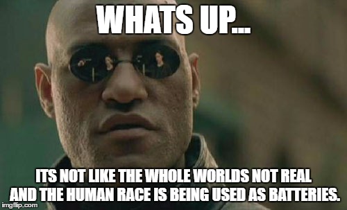 Matrix Morpheus Meme | WHATS UP... ITS NOT LIKE THE WHOLE WORLDS NOT REAL AND THE HUMAN RACE IS BEING USED AS BATTERIES. | image tagged in memes,matrix morpheus | made w/ Imgflip meme maker