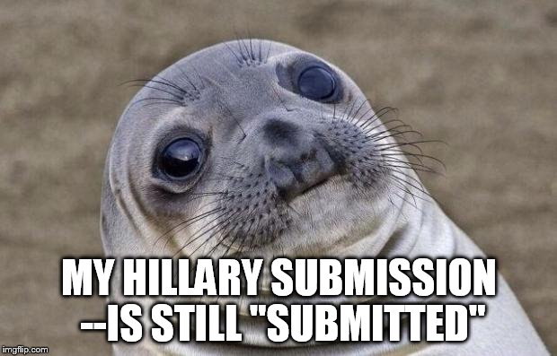 Awkward Moment Sealion Meme | MY HILLARY SUBMISSION --IS STILL "SUBMITTED" | image tagged in memes,awkward moment sealion | made w/ Imgflip meme maker