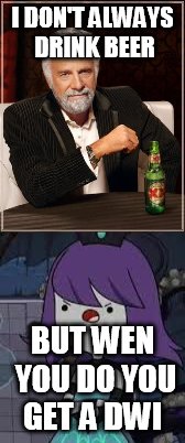 I DON'T ALWAYS DRINK BEER; BUT WEN YOU DO YOU GET A DWI | image tagged in the most interesting man in the world | made w/ Imgflip meme maker