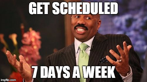 Steve Harvey Meme | GET SCHEDULED 7 DAYS A WEEK | image tagged in memes,steve harvey | made w/ Imgflip meme maker