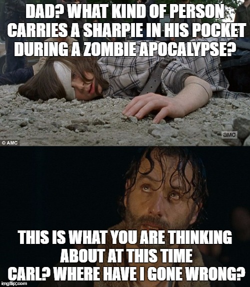 walking dead season 7 | DAD? WHAT KIND OF PERSON CARRIES A SHARPIE IN HIS POCKET DURING A ZOMBIE APOCALYPSE? THIS IS WHAT YOU ARE THINKING ABOUT AT THIS TIME CARL? WHERE HAVE I GONE WRONG? | image tagged in carl,rick,cut off arm,walking dead season 7 | made w/ Imgflip meme maker