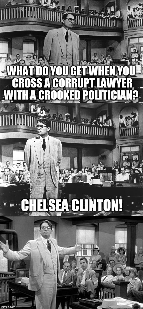 Old joke told in an old way! | WHAT DO YOU GET WHEN YOU CROSS A CORRUPT LAWYER WITH A CROOKED POLITICIAN? CHELSEA CLINTON! | image tagged in to kill a mockingbird,political jokes,lawer,chelsea clinton,jokes,funny meme | made w/ Imgflip meme maker