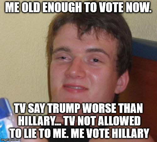 10 Guy Meme | ME OLD ENOUGH TO VOTE NOW. TV SAY TRUMP WORSE THAN HILLARY... TV NOT ALLOWED TO LIE TO ME. ME VOTE HILLARY | image tagged in memes,10 guy | made w/ Imgflip meme maker
