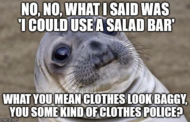 Awkward Moment Sealion Meme | NO, NO, WHAT I SAID WAS 'I COULD USE A SALAD BAR' WHAT YOU MEAN CLOTHES LOOK BAGGY, YOU SOME KIND OF CLOTHES POLICE? | image tagged in memes,awkward moment sealion | made w/ Imgflip meme maker