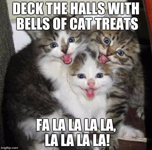 Happy kittens  | DECK THE HALLS WITH BELLS OF CAT TREATS; FA LA LA LA LA, LA LA LA LA! | image tagged in happy kittens | made w/ Imgflip meme maker