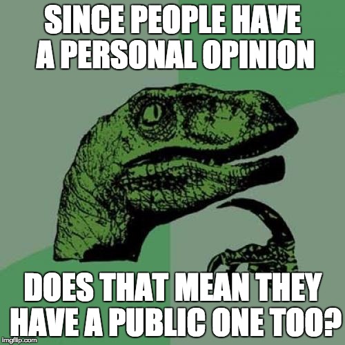 Philosoraptor |  SINCE PEOPLE HAVE A PERSONAL OPINION; DOES THAT MEAN THEY HAVE A PUBLIC ONE TOO? | image tagged in memes,philosoraptor | made w/ Imgflip meme maker