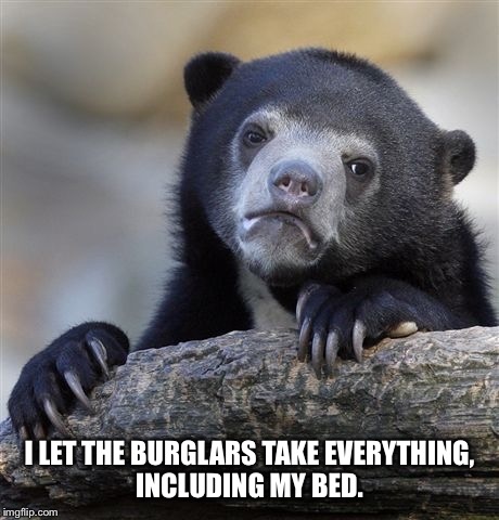 Confession Bear Meme | I LET THE BURGLARS TAKE EVERYTHING, INCLUDING MY BED. | image tagged in memes,confession bear | made w/ Imgflip meme maker