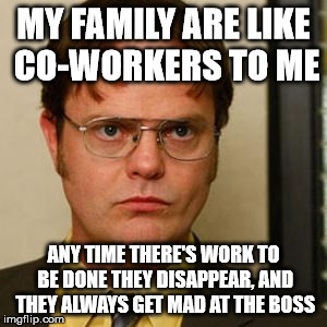 Family Are Like Co-Workers | MY FAMILY ARE LIKE CO-WORKERS TO ME; ANY TIME THERE'S WORK TO BE DONE THEY DISAPPEAR, AND THEY ALWAYS GET MAD AT THE BOSS | image tagged in dwight fact,reposting my own,co-workers,family,i'm clueless | made w/ Imgflip meme maker