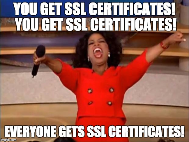 Oprah You Get A Meme | YOU GET SSL CERTIFICATES! YOU GET SSL CERTIFICATES! EVERYONE GETS SSL CERTIFICATES! | image tagged in memes,oprah you get a | made w/ Imgflip meme maker