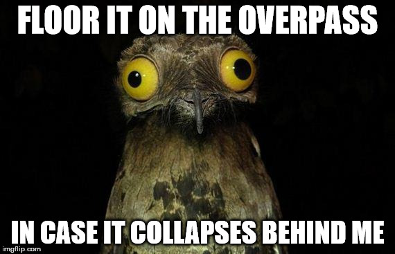 Weird Stuff I Do Potoo Meme | FLOOR IT ON THE OVERPASS; IN CASE IT COLLAPSES BEHIND ME | image tagged in memes,weird stuff i do potoo | made w/ Imgflip meme maker