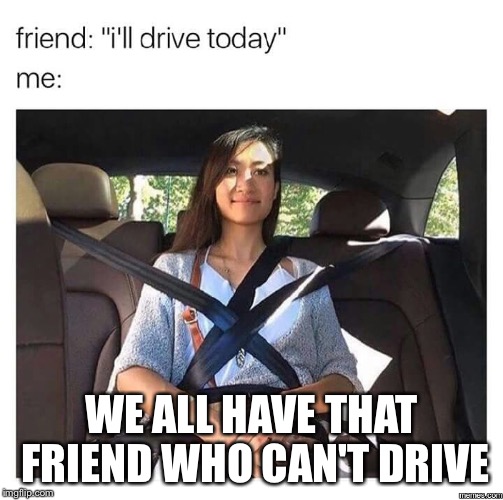 We all have that one friend who can't drive | WE ALL HAVE THAT FRIEND WHO CAN'T DRIVE | image tagged in memes,driving | made w/ Imgflip meme maker