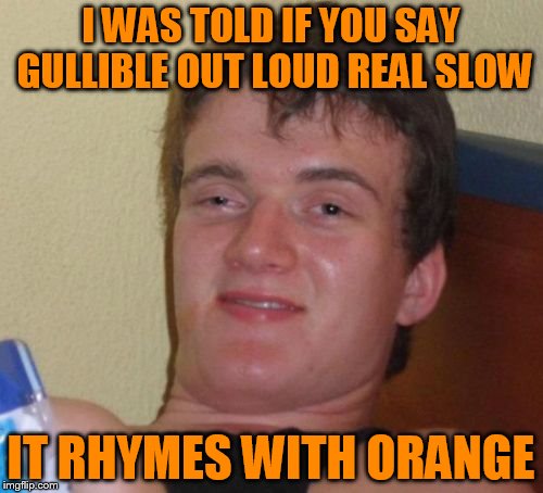 10 Guy Meme | I WAS TOLD IF YOU SAY GULLIBLE OUT LOUD REAL SLOW IT RHYMES WITH ORANGE | image tagged in memes,10 guy | made w/ Imgflip meme maker