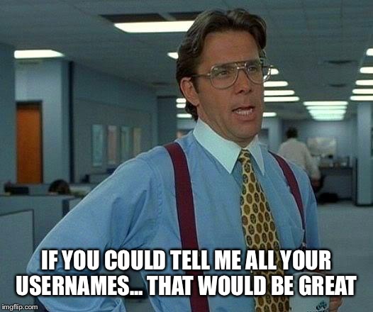 That Would Be Great Meme | IF YOU COULD TELL ME ALL YOUR USERNAMES... THAT WOULD BE GREAT | image tagged in memes,that would be great | made w/ Imgflip meme maker