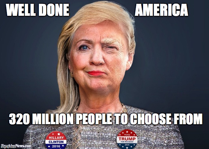 Shortage of Talent | WELL DONE                         AMERICA; 320 MILLION PEOPLE TO CHOOSE FROM | image tagged in hilarytrump hillary trump,trump,hillary,president | made w/ Imgflip meme maker