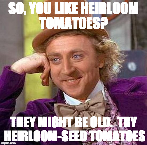 Creepy Condescending Wonka Heirloom Tomatoes | SO, YOU LIKE HEIRLOOM TOMATOES? THEY MIGHT BE OLD.  TRY HEIRLOOM-SEED TOMATOES | image tagged in memes,creepy condescending wonka,tomatoes | made w/ Imgflip meme maker