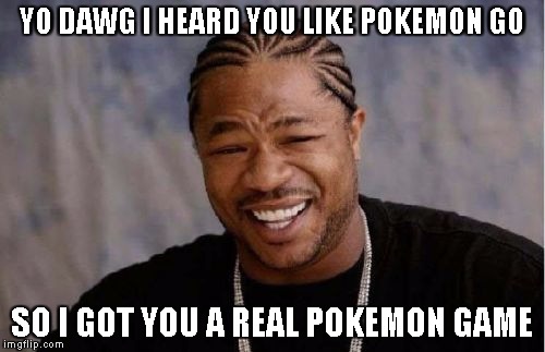 Yo Dawg Heard You Meme | YO DAWG I HEARD YOU LIKE POKEMON GO SO I GOT YOU A REAL POKEMON GAME | image tagged in memes,yo dawg heard you | made w/ Imgflip meme maker