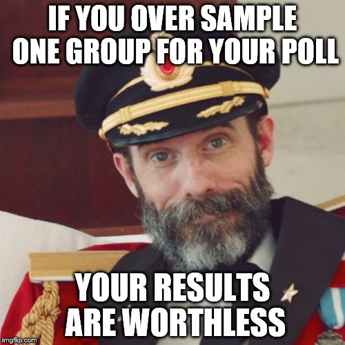 The media and the Left attempt to use polls to shape public opinion rather than allow them to reflect it | IF YOU OVER SAMPLE ONE GROUP FOR YOUR POLL; YOUR RESULTS ARE WORTHLESS | image tagged in captain obvious,polls,politics | made w/ Imgflip meme maker