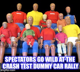Dummies | SPECTATORS GO WILD AT THE CRASH TEST DUMMY CAR RALLY | image tagged in dummies | made w/ Imgflip meme maker