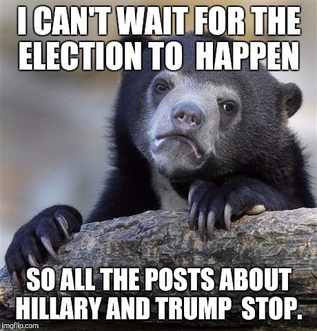 Confession Bear Meme | I CAN'T WAIT FOR THE ELECTION TO  HAPPEN; SO ALL THE POSTS ABOUT HILLARY AND TRUMP  STOP. | image tagged in memes,confession bear | made w/ Imgflip meme maker