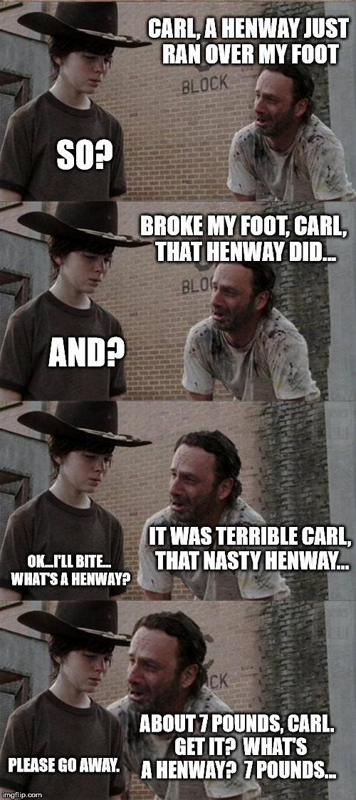 Long and longer | CARL, A HENWAY JUST RAN OVER MY FOOT; SO? BROKE MY FOOT, CARL, THAT HENWAY DID... AND? IT WAS TERRIBLE CARL, THAT NASTY HENWAY... OK...I'LL BITE... WHAT'S A HENWAY? ABOUT 7 POUNDS, CARL.  GET IT?  WHAT'S A HENWAY?  7 POUNDS... PLEASE GO AWAY. | image tagged in memes,rick and carl long | made w/ Imgflip meme maker