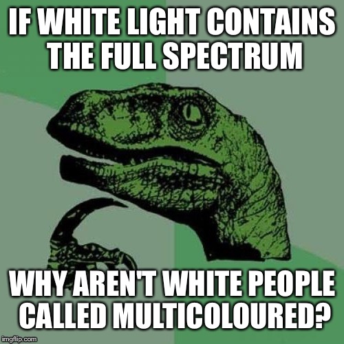 Fliporaptor answer | IF WHITE LIGHT CONTAINS THE FULL SPECTRUM WHY AREN'T WHITE PEOPLE CALLED MULTICOLOURED? | image tagged in fliporaptor answer | made w/ Imgflip meme maker