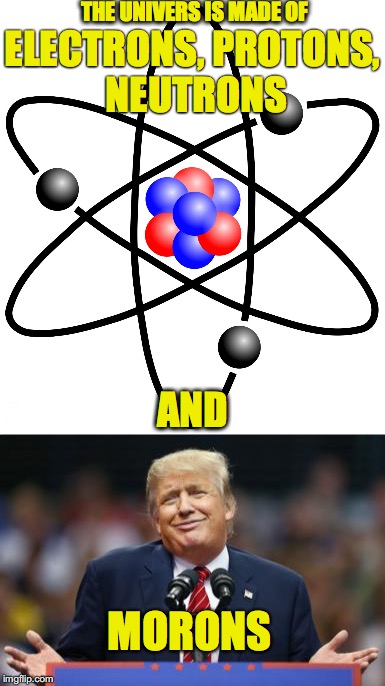 The Universe is Made of Electrons, Protons, Neutrons and Morons | THE UNIVERS IS MADE OF; ELECTRONS, PROTONS, NEUTRONS; AND; MORONS | image tagged in trump,moron | made w/ Imgflip meme maker