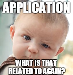 Skeptical Baby Meme | APPLICATION; WHAT IS THAT RELATED TO AGAIN? | image tagged in memes,confused baby | made w/ Imgflip meme maker