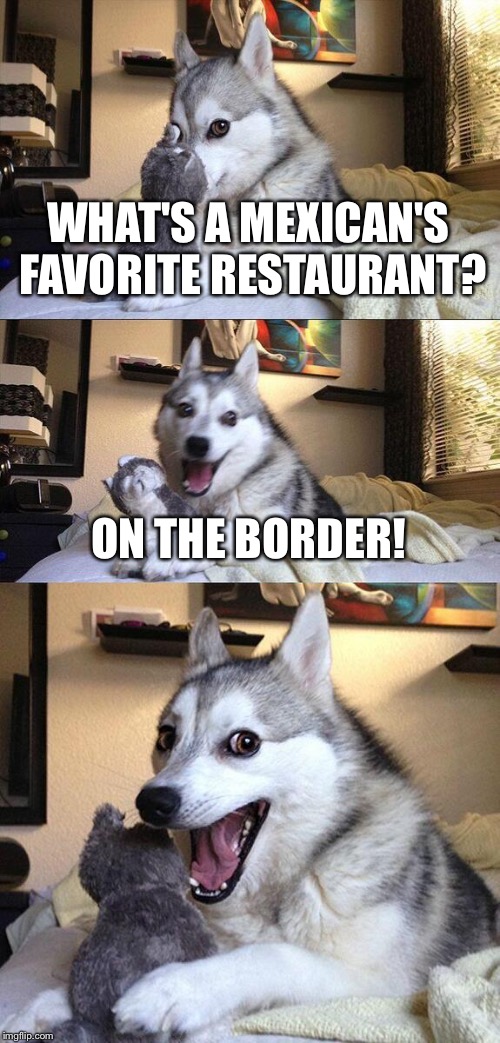 Bad Pun Dog | WHAT'S A MEXICAN'S FAVORITE RESTAURANT? ON THE BORDER! | image tagged in memes,bad pun dog | made w/ Imgflip meme maker