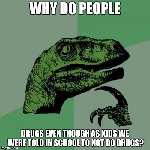 Philosoraptor Asks Why People Still Do Drugs. | WHY DO PEOPLE; DRUGS EVEN THOUGH AS KIDS WE WERE TOLD IN SCHOOL TO NOT DO DRUGS? | image tagged in memes,philosoraptor,drugs are bad,don't do drugs | made w/ Imgflip meme maker