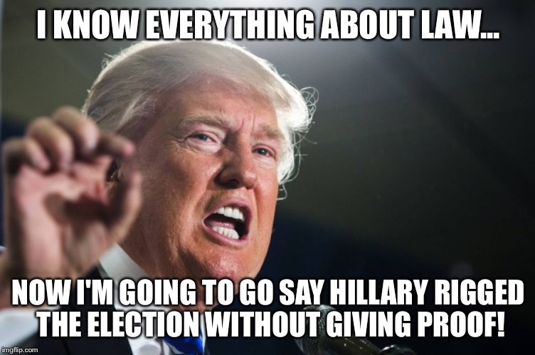 donald trump | I KNOW EVERYTHING ABOUT LAW... NOW I'M GOING TO GO SAY HILLARY RIGGED THE ELECTION WITHOUT GIVING PROOF! | image tagged in donald trump | made w/ Imgflip meme maker