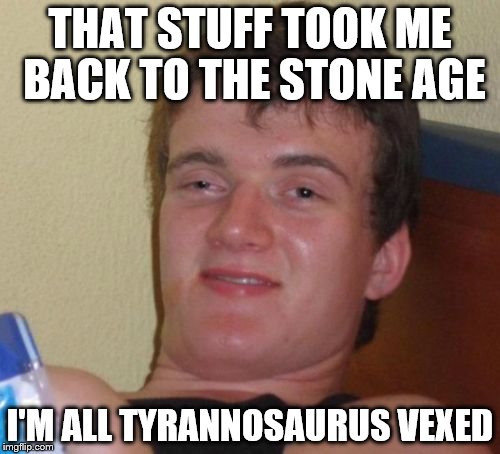 10 Guy Meme | THAT STUFF TOOK ME BACK TO THE STONE AGE; I'M ALL TYRANNOSAURUS VEXED | image tagged in memes,10 guy | made w/ Imgflip meme maker