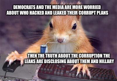 gamer chipmunk | DEMOCRATS AND THE MEDIA ARE MORE WORRIED ABOUT WHO HACKED AND LEAKED THEIR CORRUPT PLANS; THEN THE TRUTH ABOUT THE CORRUPTION THE LEAKS ARE DISCLOSING ABOUT THEM AND HILLARY | image tagged in gamer chipmunk | made w/ Imgflip meme maker