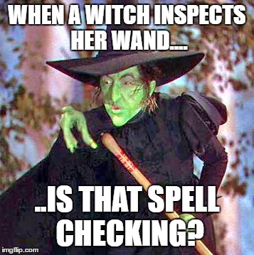 Wicked Witch | WHEN A WITCH INSPECTS HER WAND.... ..IS THAT SPELL CHECKING? | image tagged in wicked witch | made w/ Imgflip meme maker