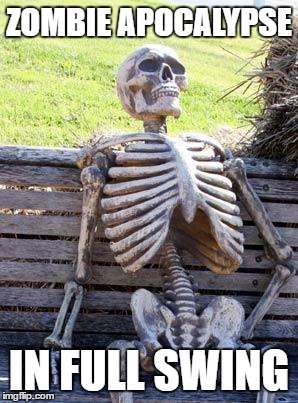 Waiting Skeleton Meme | ZOMBIE APOCALYPSE IN FULL SWING | image tagged in memes,waiting skeleton | made w/ Imgflip meme maker