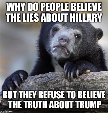 Confession Bear Meme | WHY DO PEOPLE BELIEVE THE LIES ABOUT HILLARY; BUT THEY REFUSE TO BELIEVE THE TRUTH ABOUT TRUMP | image tagged in memes,confession bear | made w/ Imgflip meme maker