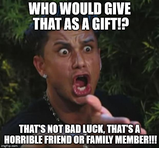 Pauly | WHO WOULD GIVE THAT AS A GIFT!? THAT'S NOT BAD LUCK, THAT'S A HORRIBLE FRIEND OR FAMILY MEMBER!!! | image tagged in pauly | made w/ Imgflip meme maker
