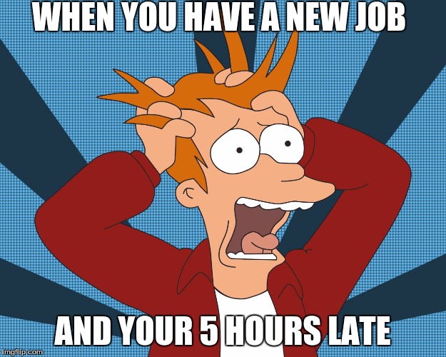 WHEN YOU HAVE A NEW JOB; AND YOUR 5 HOURS LATE | image tagged in double fry | made w/ Imgflip meme maker