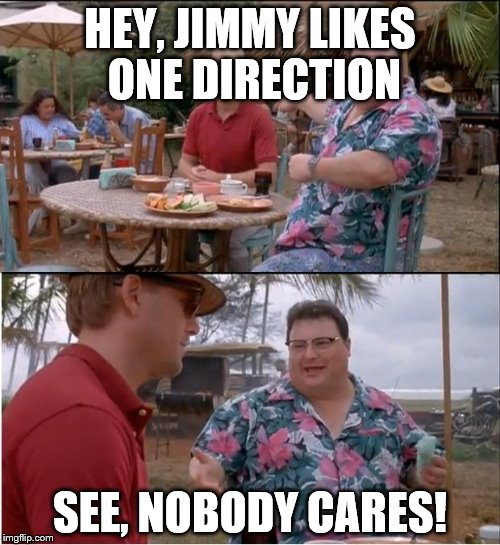 See Nobody Cares | HEY, JIMMY LIKES ONE DIRECTION; SEE, NOBODY CARES! | image tagged in memes,see nobody cares | made w/ Imgflip meme maker