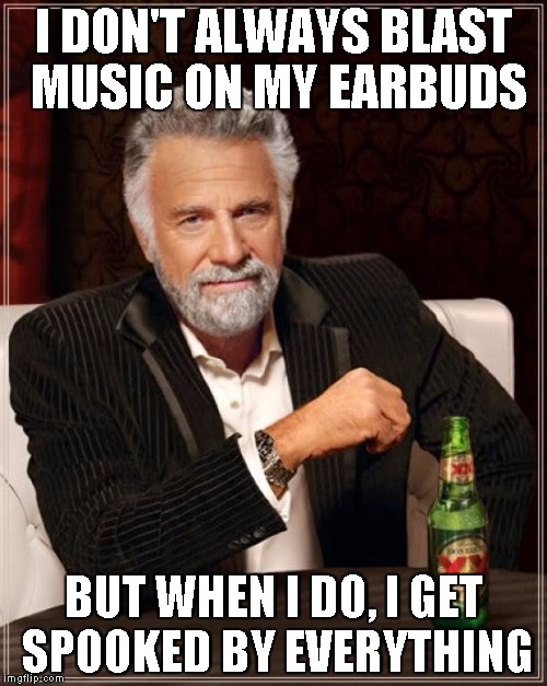The Most Interesting Man In The World Meme | I DON'T ALWAYS BLAST MUSIC ON MY EARBUDS; BUT WHEN I DO, I GET SPOOKED BY EVERYTHING | image tagged in memes,the most interesting man in the world | made w/ Imgflip meme maker