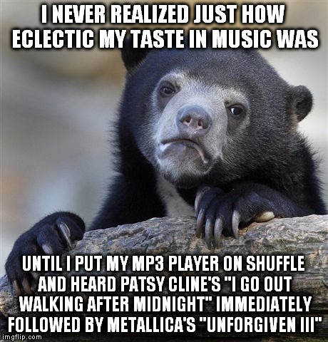 Confession Bear Meme | I NEVER REALIZED JUST HOW ECLECTIC MY TASTE IN MUSIC WAS; UNTIL I PUT MY MP3 PLAYER ON SHUFFLE AND HEARD PATSY CLINE'S "I GO OUT WALKING AFTER MIDNIGHT" IMMEDIATELY FOLLOWED BY METALLICA'S "UNFORGIVEN III" | image tagged in memes,confession bear | made w/ Imgflip meme maker