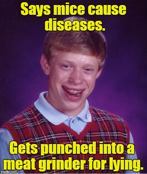 Bad Luck Brian Meme | Says mice cause diseases. Gets punched into a meat grinder for lying. | image tagged in memes,bad luck brian | made w/ Imgflip meme maker