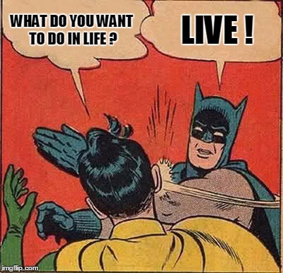 Batman Slapping Robin Meme | WHAT DO YOU WANT TO DO IN LIFE ? LIVE ! | image tagged in memes,batman slapping robin | made w/ Imgflip meme maker