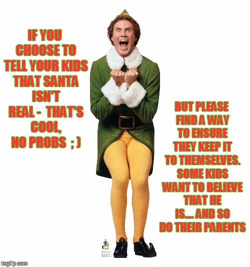 Christmas Elf | BUT PLEASE FIND A WAY TO ENSURE THEY KEEP IT TO THEMSELVES. SOME KIDS WANT TO BELIEVE THAT HE IS.... AND SO DO THEIR PARENTS; IF YOU CHOOSE TO TELL YOUR KIDS THAT SANTA ISN'T REAL -  THAT'S COOL, NO PROBS  ; ) | image tagged in christmas elf | made w/ Imgflip meme maker