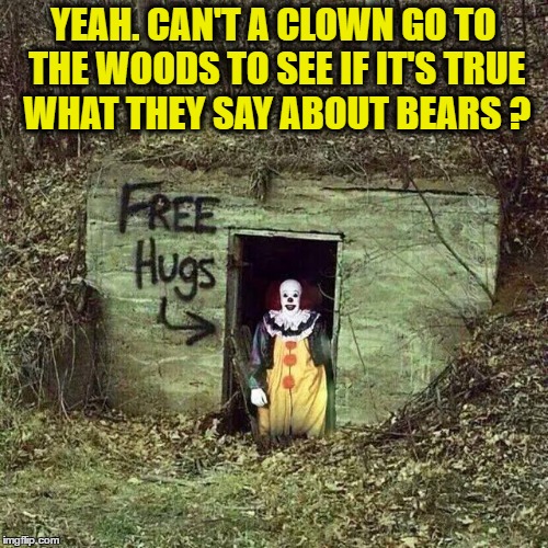 YEAH. CAN'T A CLOWN GO TO THE WOODS TO SEE IF IT'S TRUE WHAT THEY SAY ABOUT BEARS ? | made w/ Imgflip meme maker