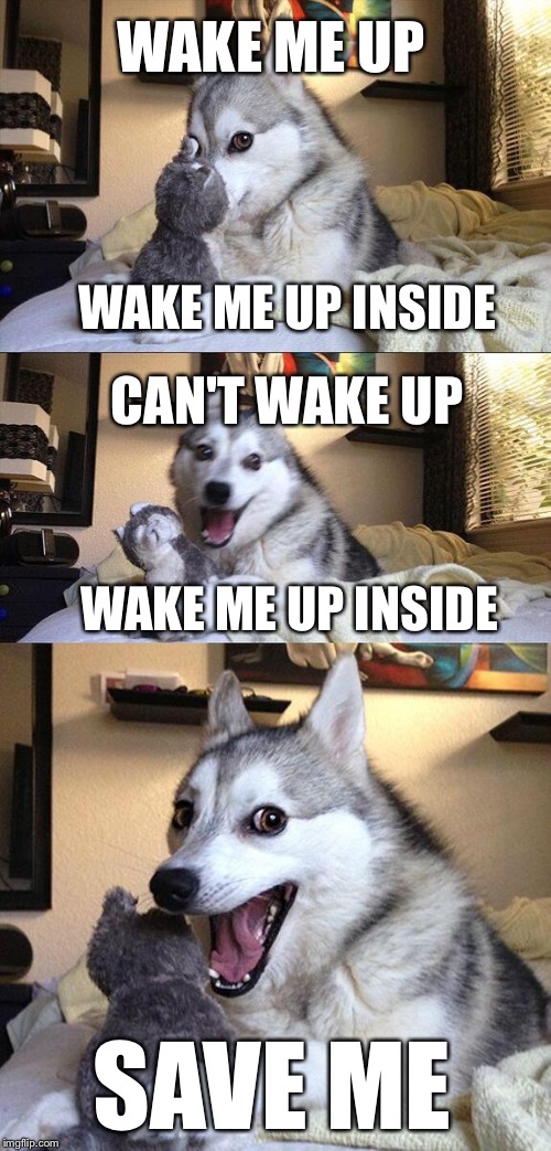 Bad Pun Dog Meme | WAKE ME UP; WAKE ME UP INSIDE; CAN'T WAKE UP; WAKE ME UP INSIDE; SAVE ME | image tagged in memes,bad pun dog,wake me up inside,foxcheetahsp | made w/ Imgflip meme maker