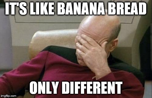 Captain Picard Facepalm Meme | IT'S LIKE BANANA BREAD ONLY DIFFERENT | image tagged in memes,captain picard facepalm | made w/ Imgflip meme maker